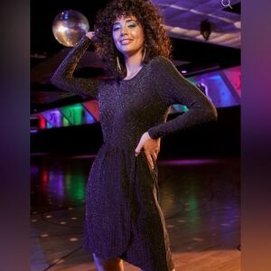 Modcloth Shimmer On Show Metallic Faux Wrap Dress Black Sparkle M NWT